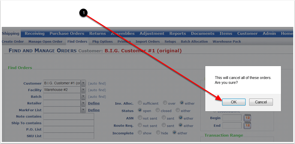 Shipping > Find Orders > Find Orders Action Menus > Order > Cancel