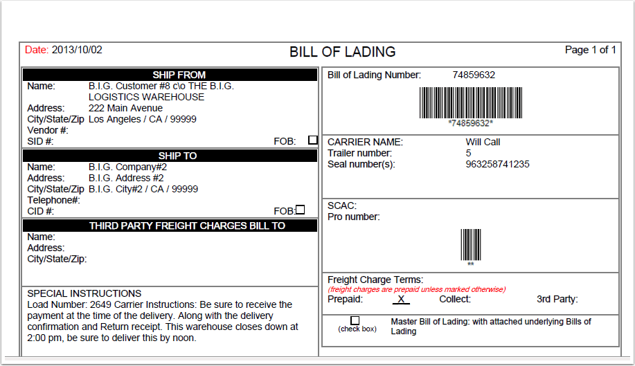 Shipping > Manage Open Order > Print Options > Bill of Lading