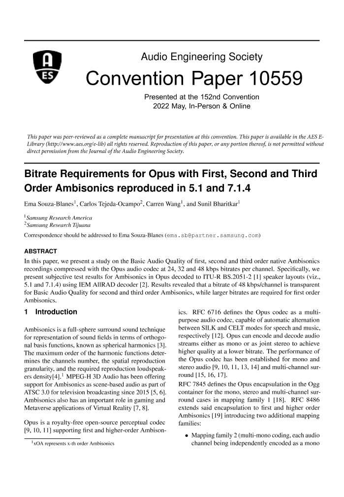 AES ELibrary » Bitrate Requirements for Opus with First, Second and Third Order Ambisonics