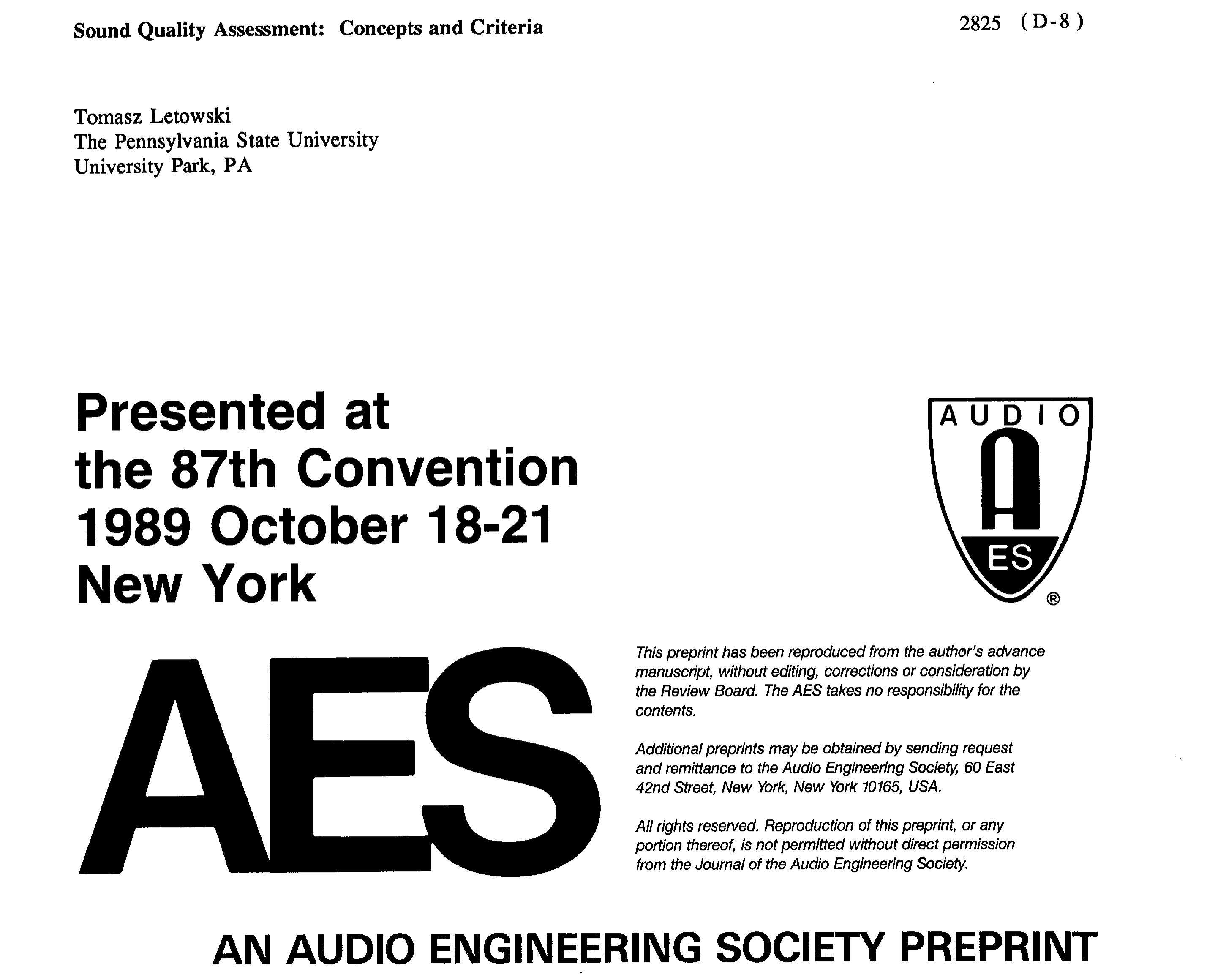 AES ELibrary » Sound Quality Assessment Concepts and Criteria