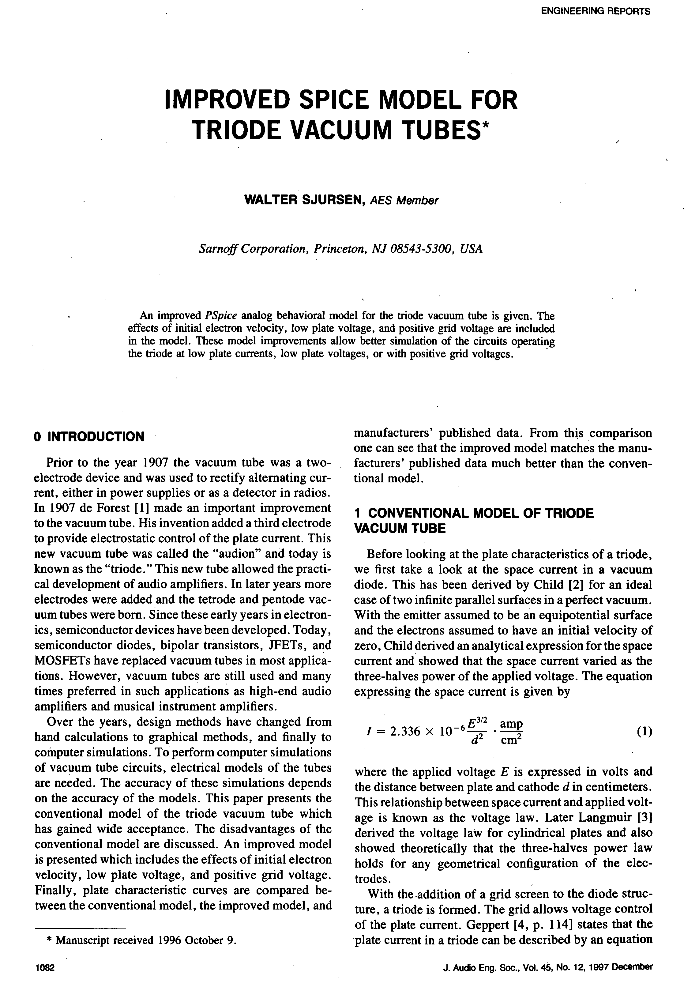 AES ELibrary » Improved SPICE Model for Triode Vacuum Tubes