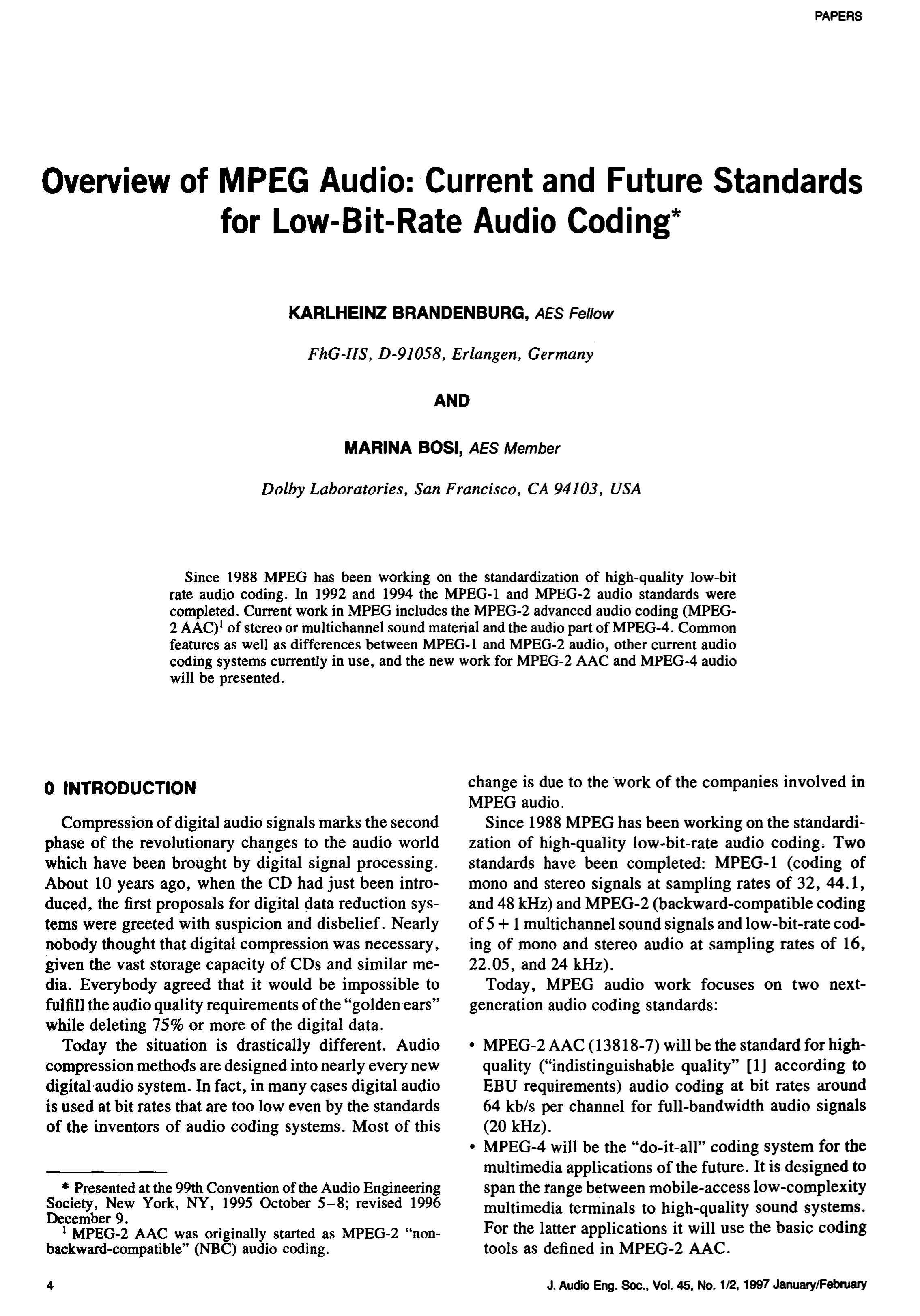 AES ELibrary » Overview of MPEG Audio Current and Future Standards