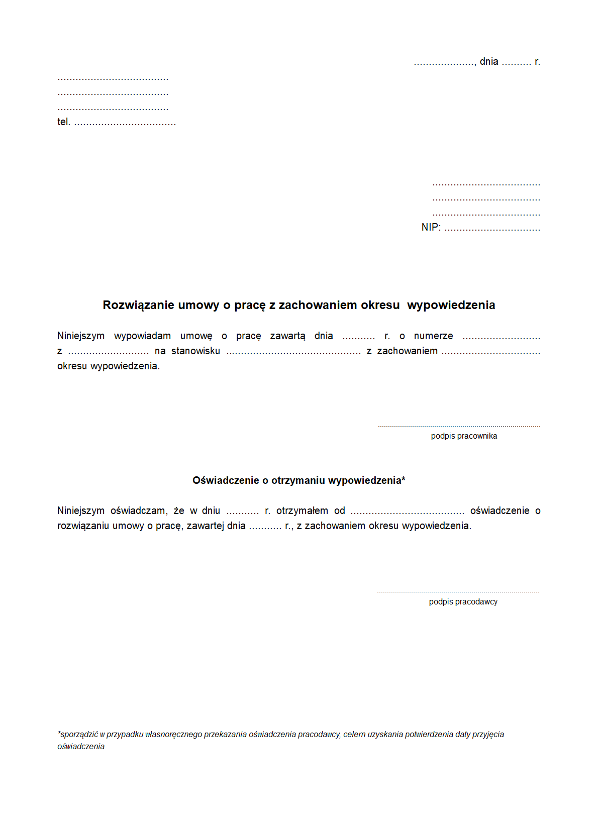 RUoP Rozwiązanie umowy o pracę z druk, formularz online