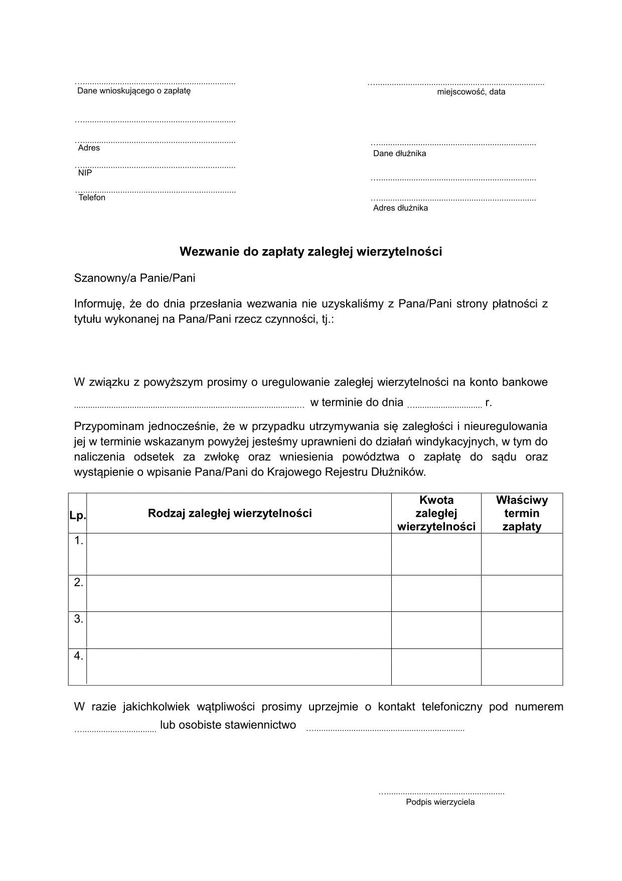 WdZZW Wezwanie do zapłaty zaległej druk, formularz online