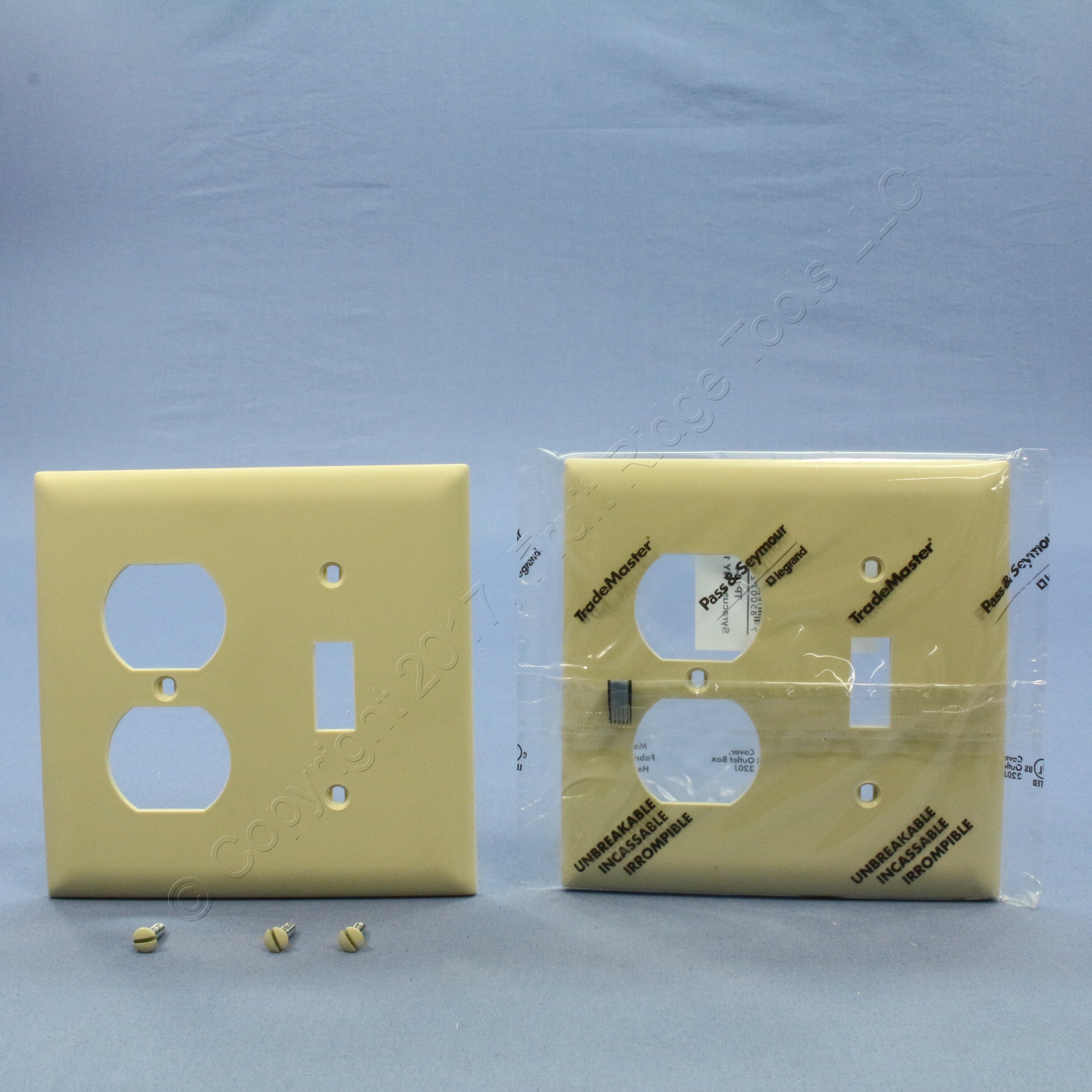 2 Pass and Seymour Ivory UNBREAKABLE Switch Plate Outlet Cover