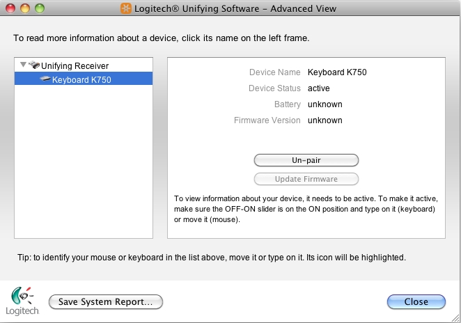 K750 keyboard for Mac battery unknown in Logitech Unifying Software