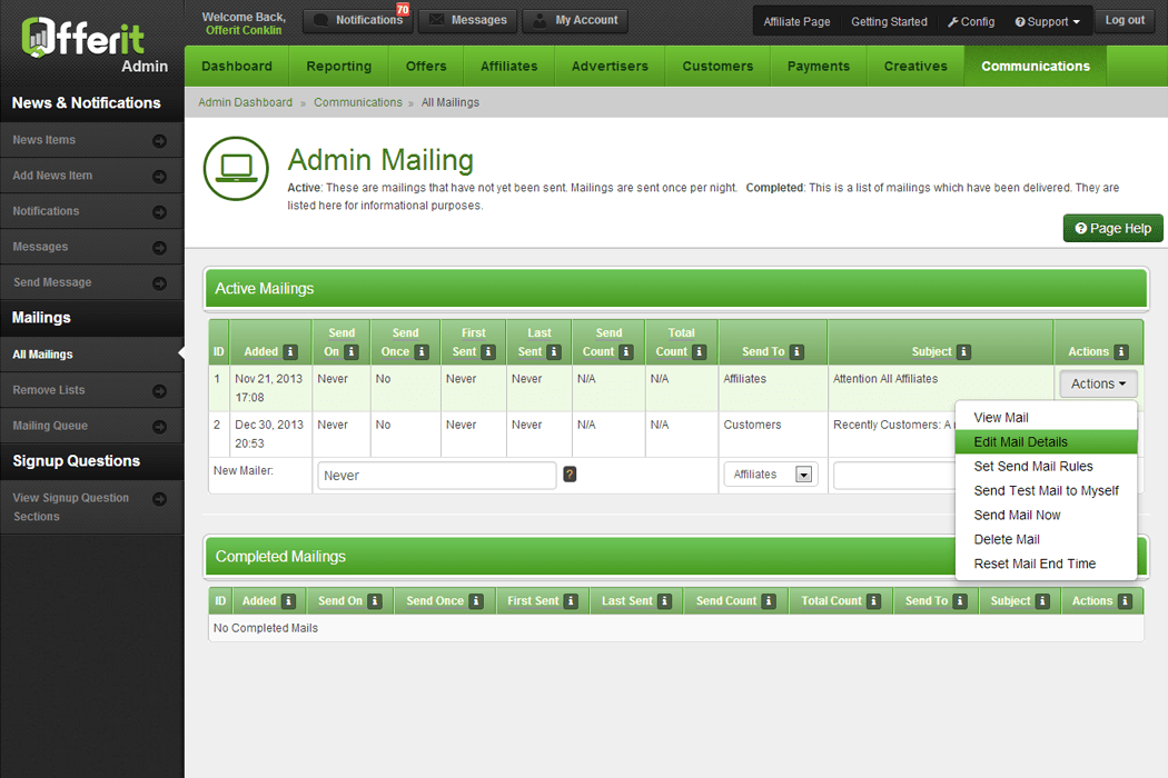 Integrated Mailing System in your Affiliate Network Software Offerit