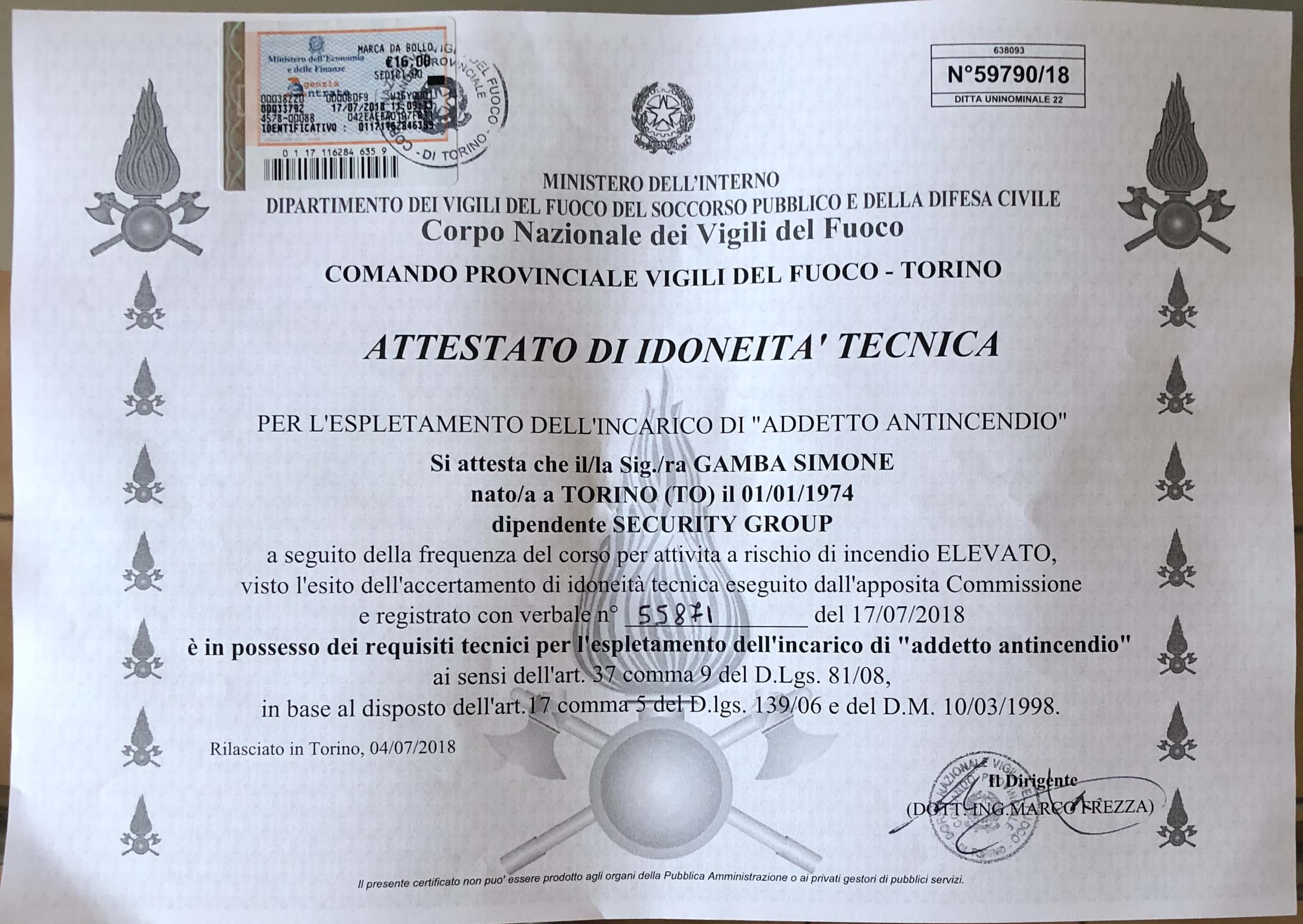 Antincendio alto rischio vigili del fuoco torino SECURITY GROUP