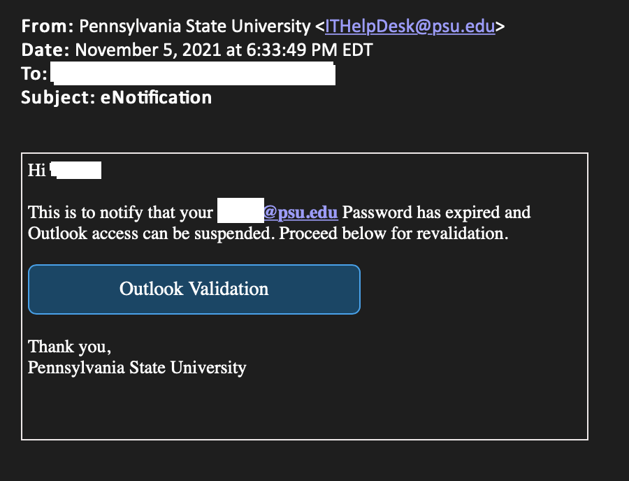 eNotification From ITHelpDeskpsu.edu Penn State Information Security