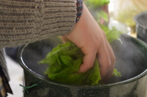 A hand grabs a handful of greens out of a cooking pot