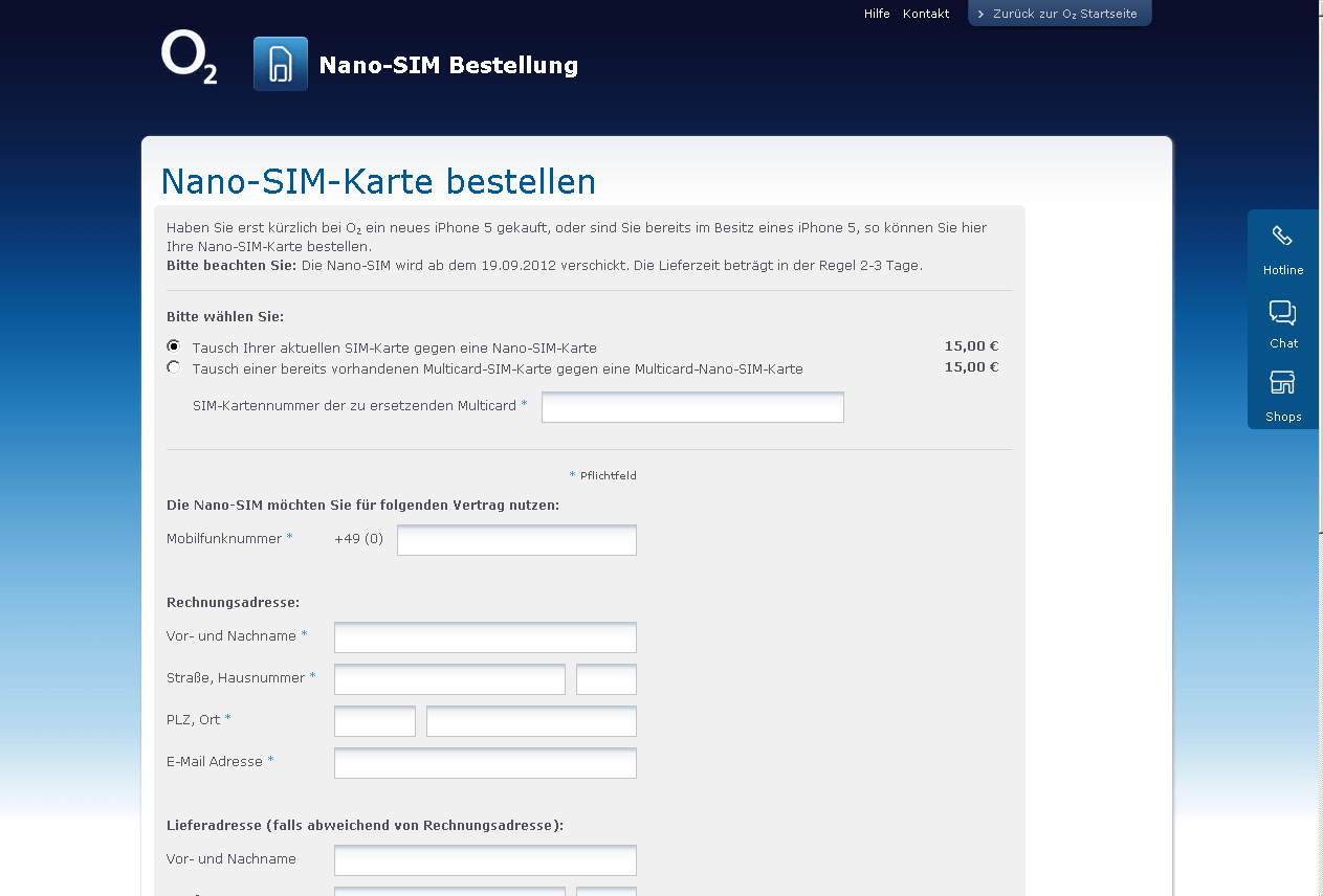 NanoSIMKarte bei o2 bestellen ›