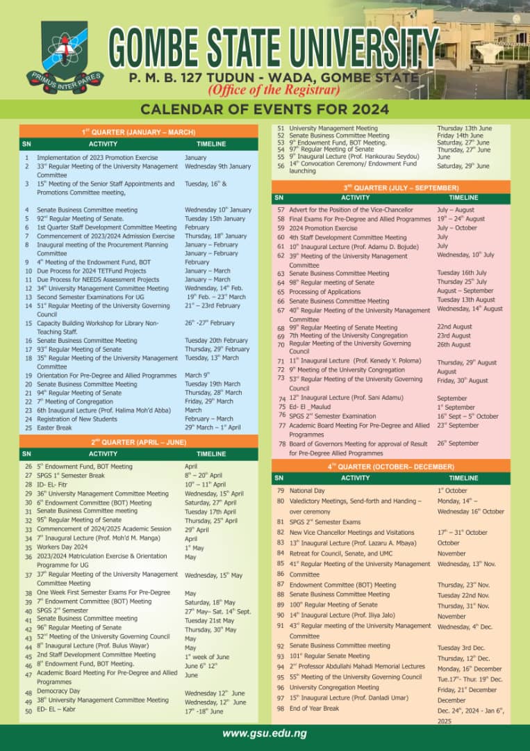 GOMBE STATE UNIVERSITY (GSU) RELEASES CALENDER OF EVENTS FOR YEAR 2024 SEGIO CAMPUS REPORTS