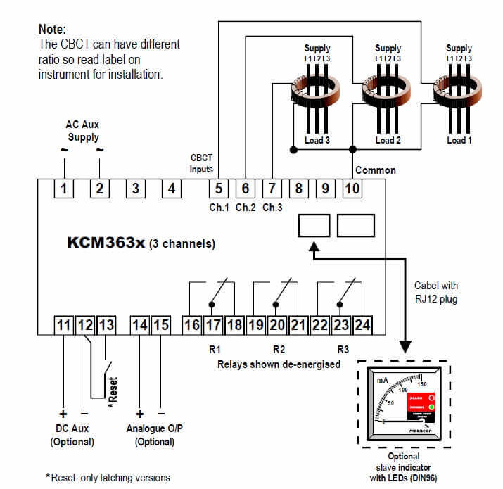 KCM363x Three Channel AC Ground Fault Monitor Connection