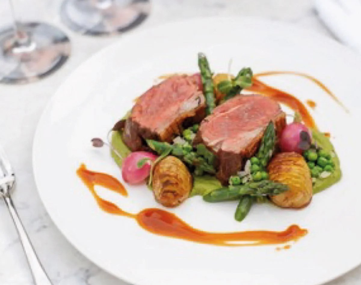 Spring Lamb Rump with Braised Turnips, Asparagus, Peas and Jersey
