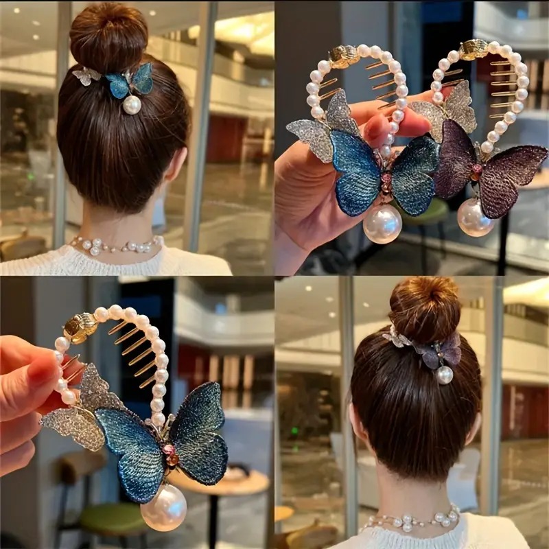 Beautiful Hair Bun Accessories for Women Pearl Butterfly Bun Holder