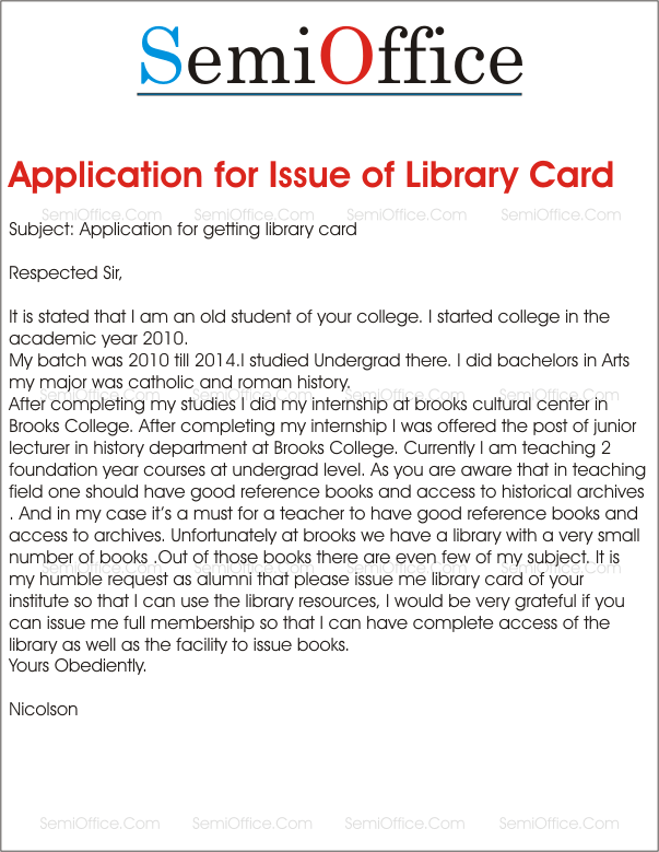 Application for Library Card Issue