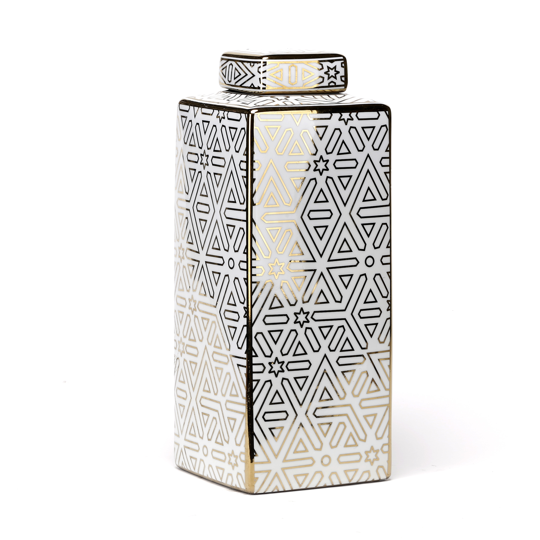 Porcelain Gold and White Tea Jar with Geometric Pattern SEMK Home