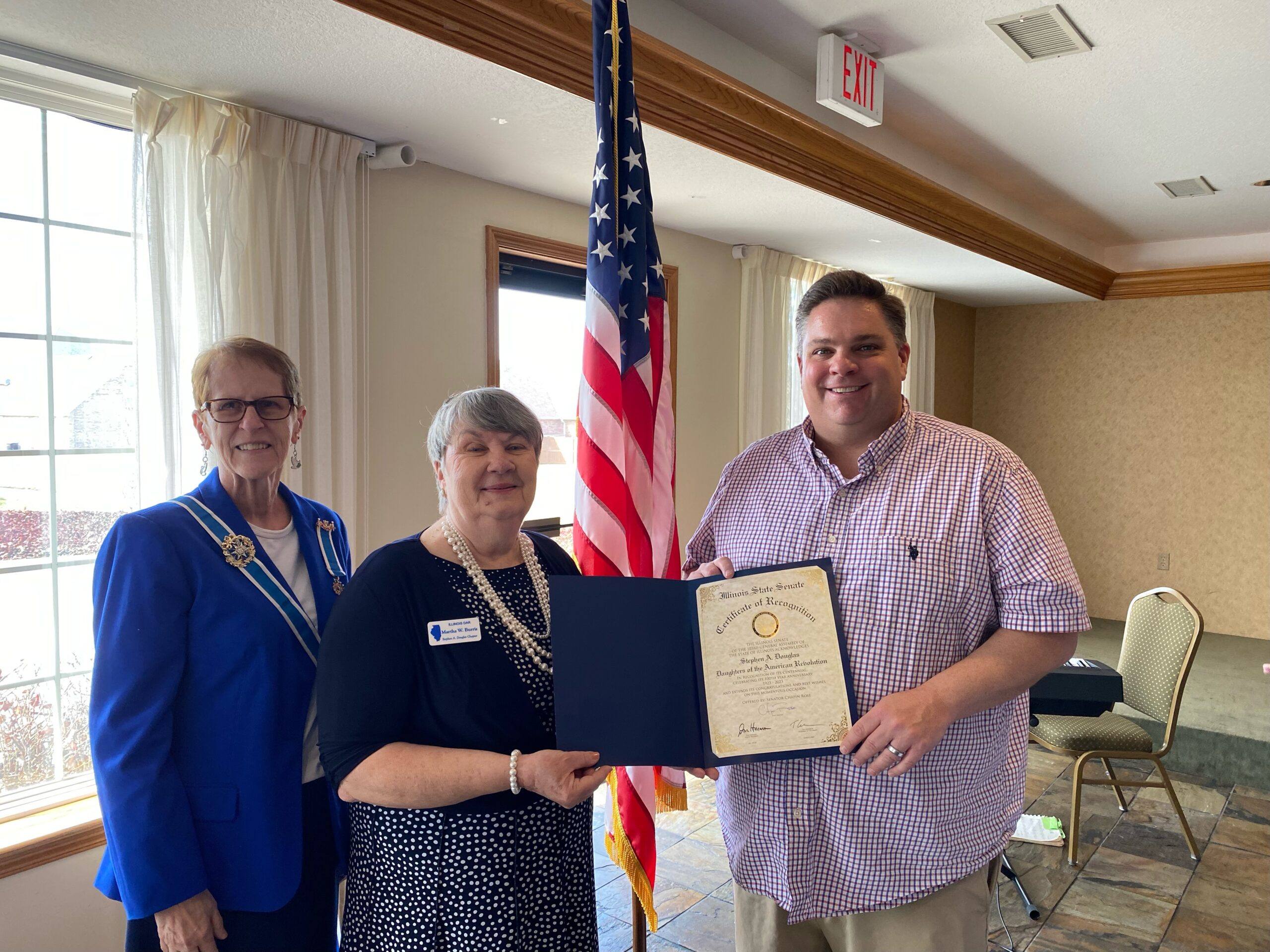 Sen. Rose Presents Senate Certificate to DAR Chapin Rose