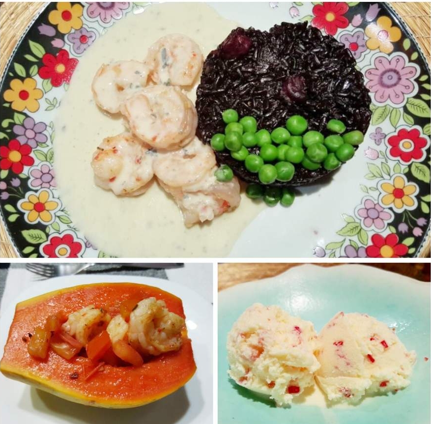 Camarão ao molho de com arroz negro e ervilhas Sentidos do