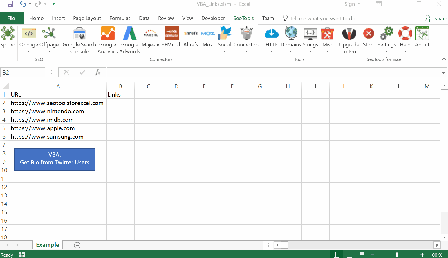 Working with VBA and SeoTools for Excel