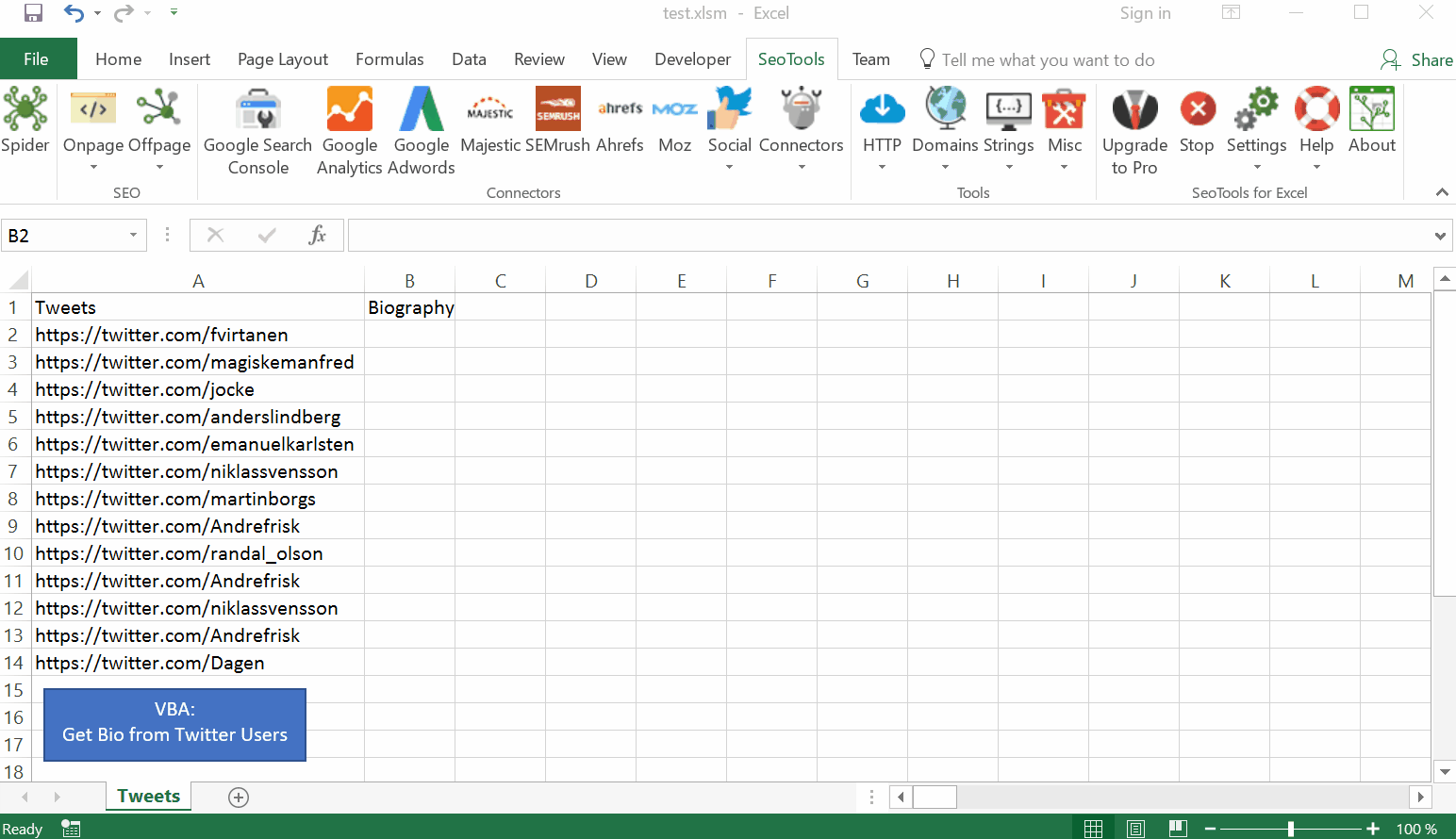 Working with VBA and SeoTools for Excel