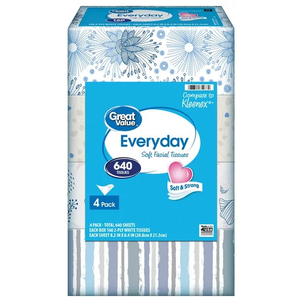 Great Value Everyday Soft Facial Tissues, 160 Count, 4 Pack SERAPHIC USA