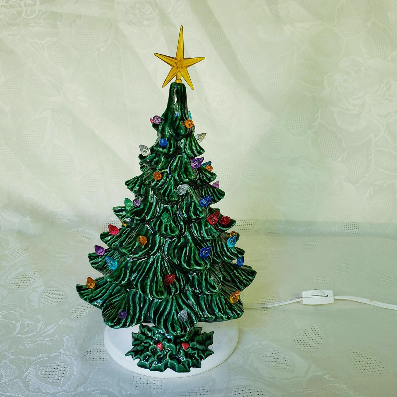 Vintage Ceramic Green Lightup Christmas Tree Holly Base Aunt Gladys' Attic
