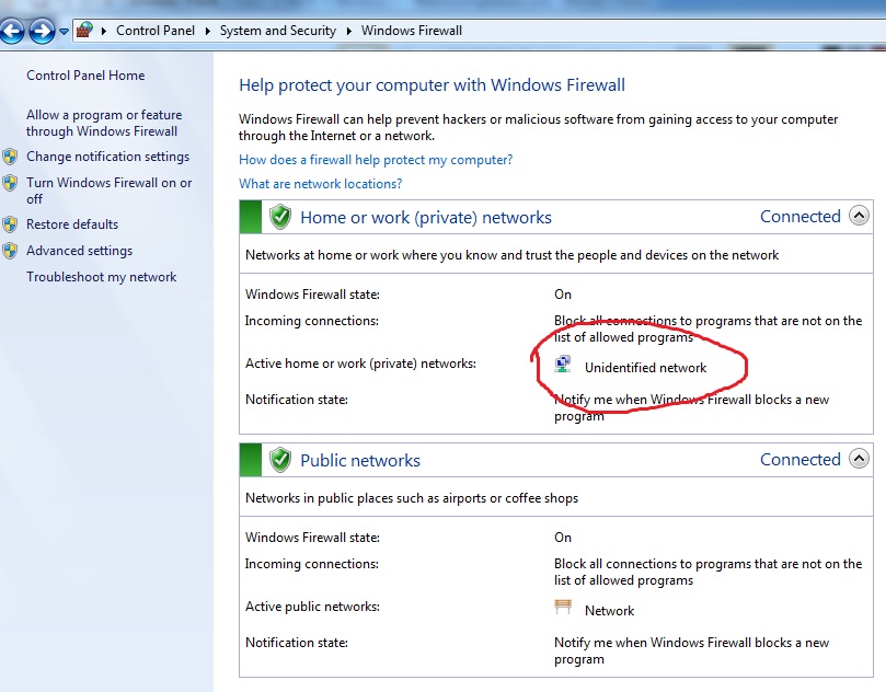 Change Unidentified Network from public in windows 7 ServerOK