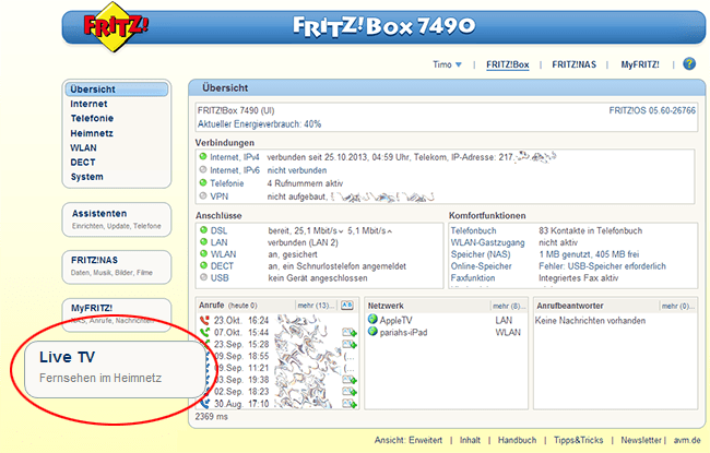 Fernsehen im (Live TV) FRITZ!Box 7270 AVM Deutschland