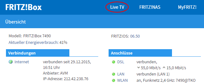 Fernsehen im (Live TV) FRITZ!Box 7490 AVM