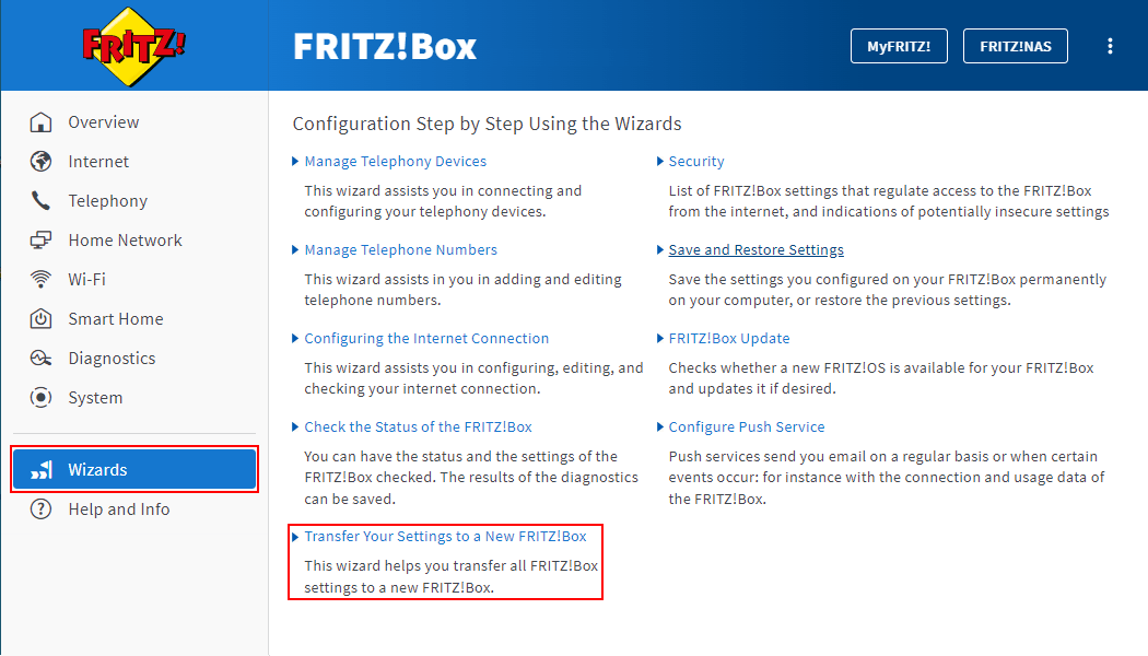 Transferring settings to a new FRITZ!Box FRITZ!Box 7590 AX AVM