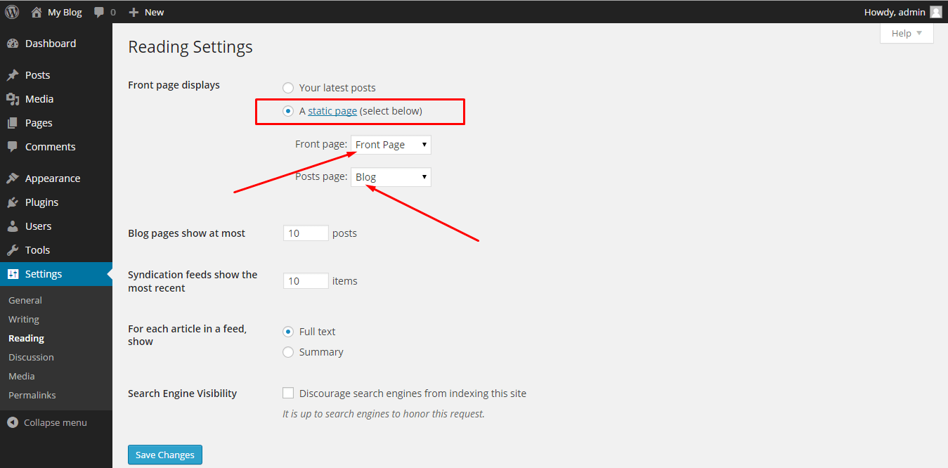 Servikus Tutorials » How to set a static home page in WordPress