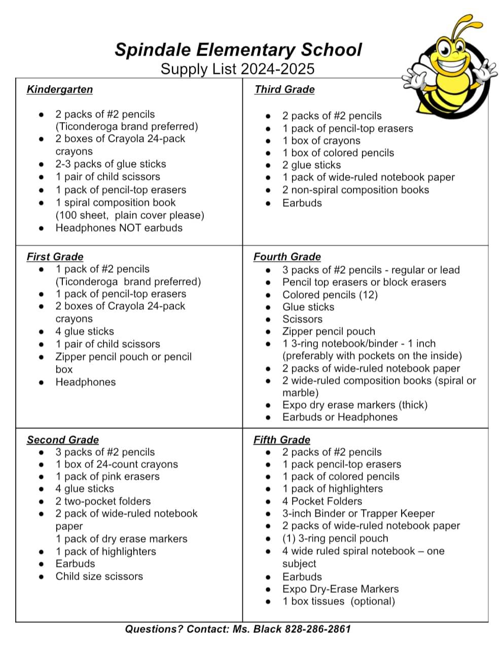 Supply List 20242025 Spindale Elementary School