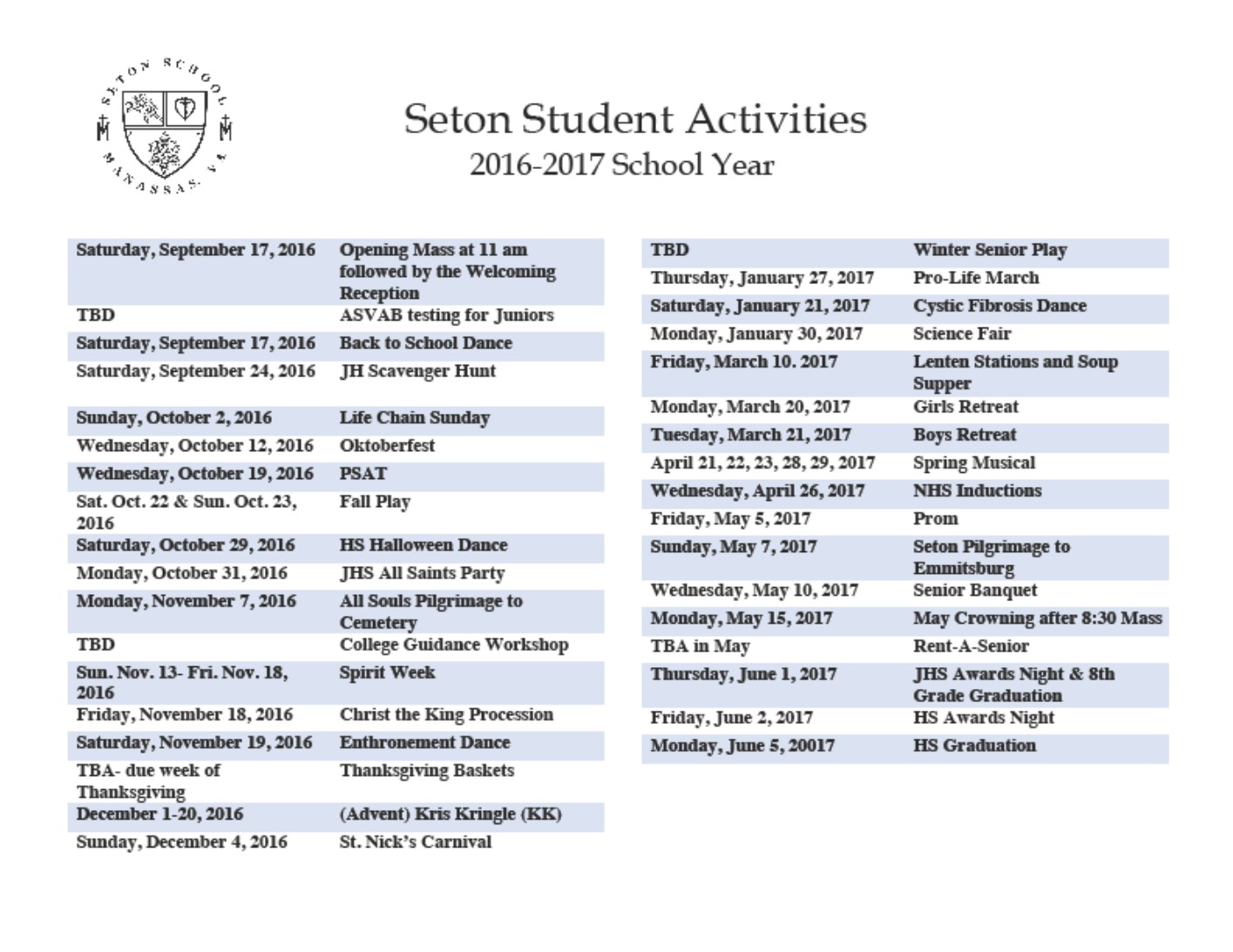 setonstudentactivitiescalendarimage Seton School Manassas