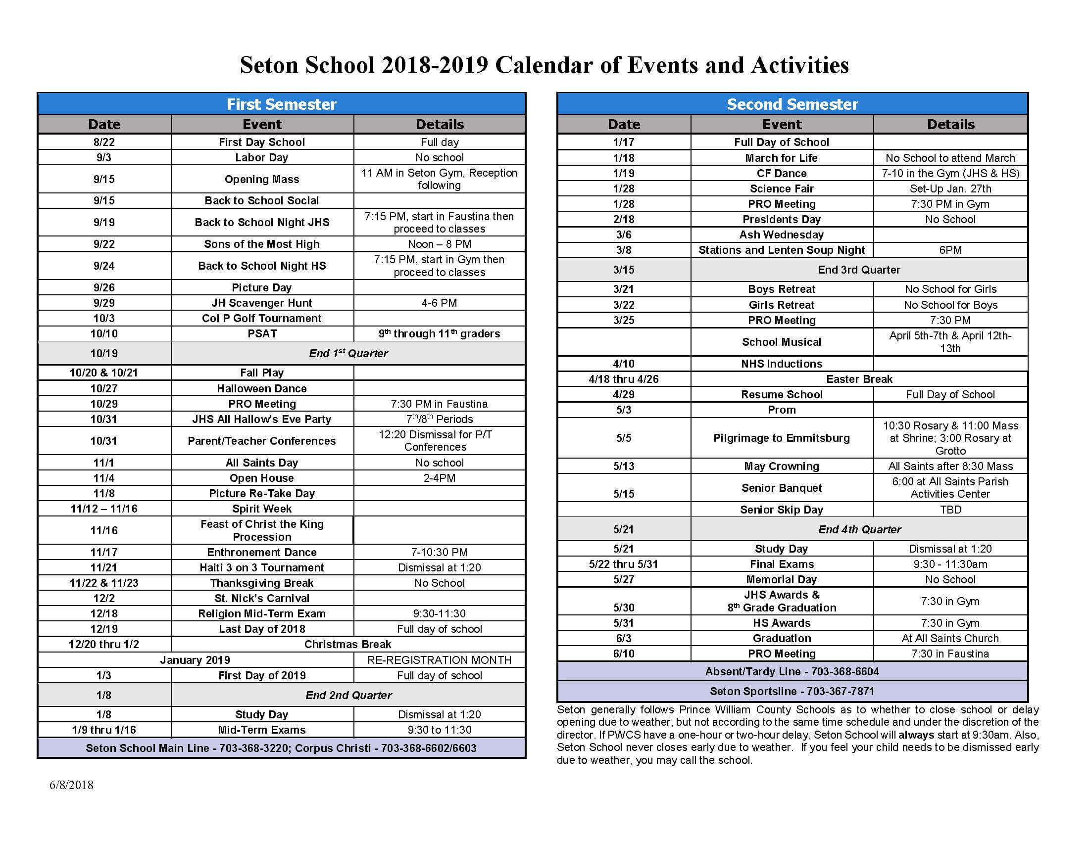 20182019 Seton School Calendar of Events and Activities Seton School