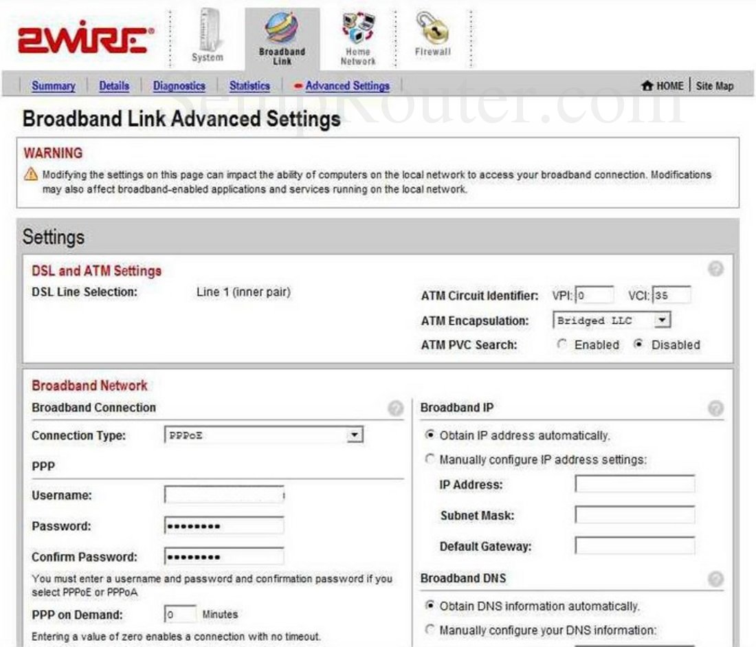 2Wire 2701HG Screenshot Broadband Link Advanced Settings