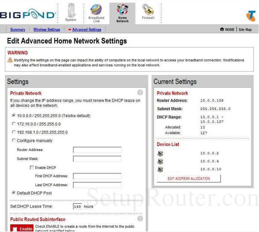2Wire 2701HGVW Screenshot Home Network Advanced Settings