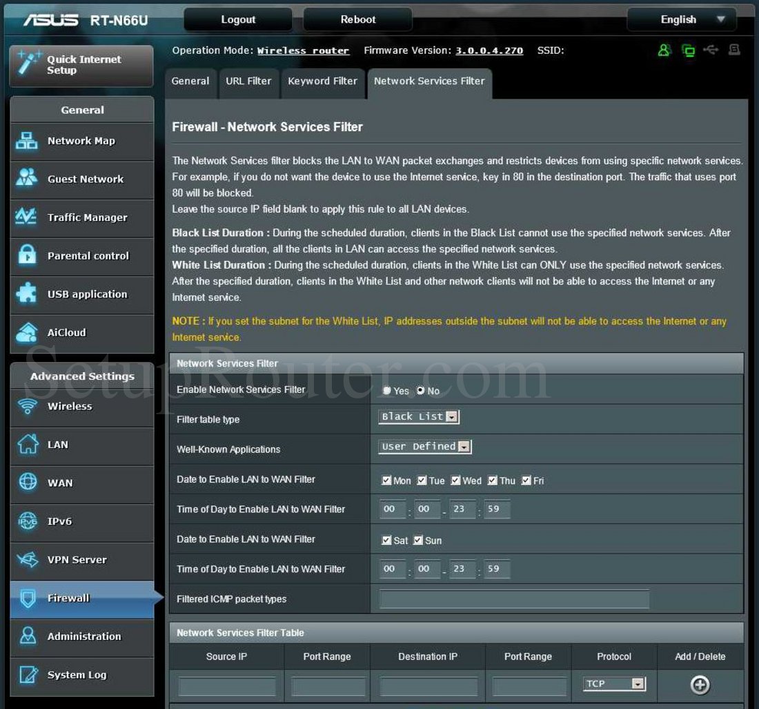 Asus RTN66U Screenshot Network Services Filter