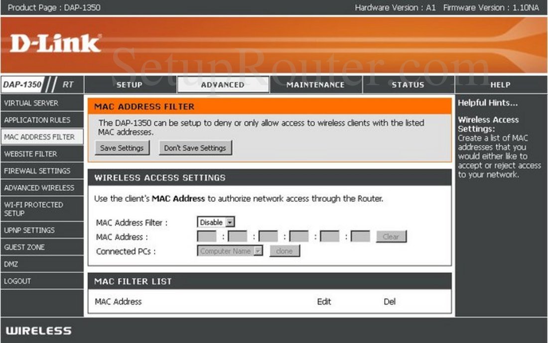 Dlink DAP1350 Screenshot MAC Address Filter