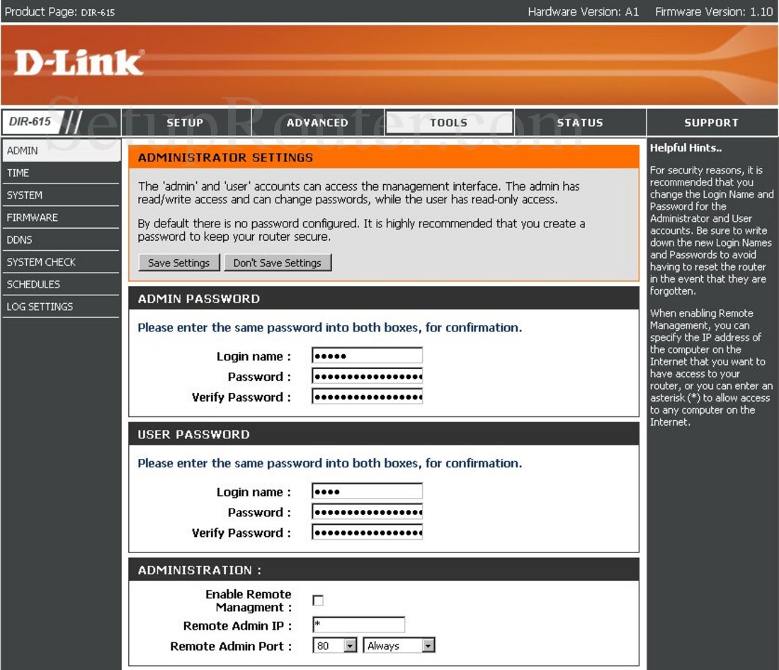 Dlink DIR615 Screenshot Admin Settings