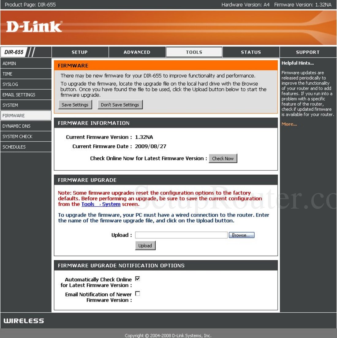 Dlink DIR655 Screenshot Firmware Upgrade