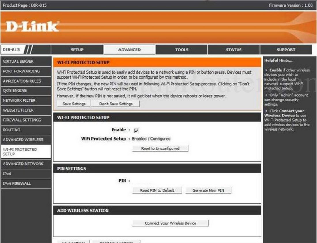 Dlink DIR815 Screenshot Advanced Wi Fi Protected Setup