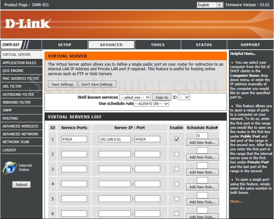 Dlink DWR921 Screenshot VirtualServer