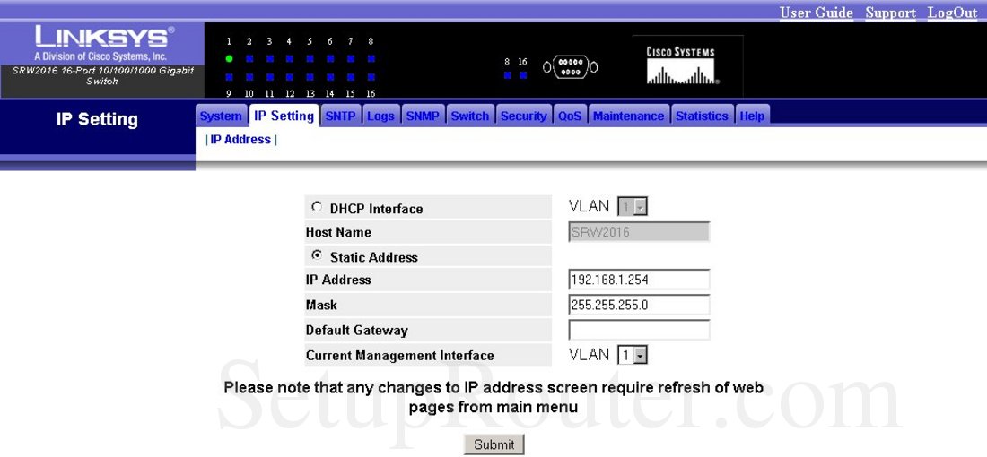 Linksys SRW2016 Screenshot IP Setting IP Address