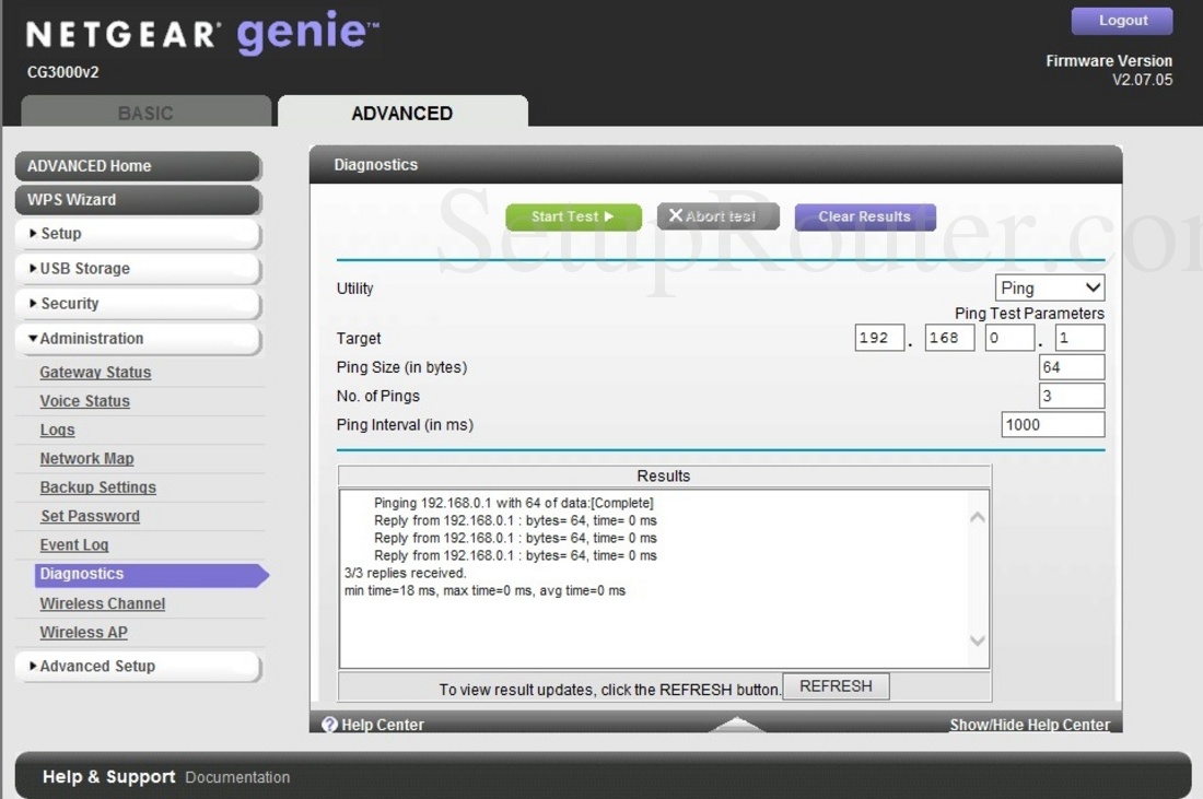Netgear CG3000v2 Screenshot Diagnostics