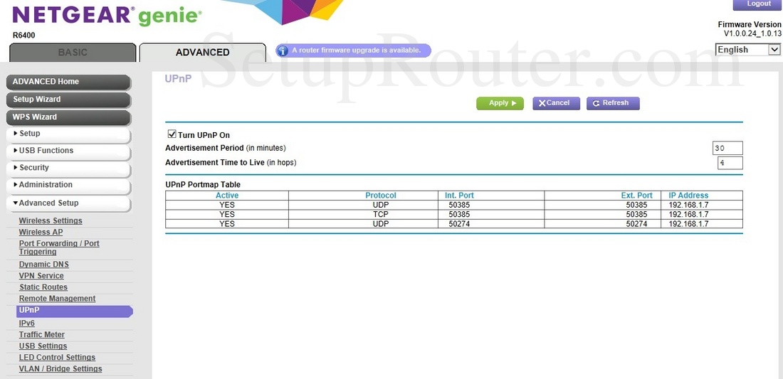 Netgear R6400 Screenshot UPnP