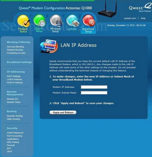 How to change the ip address of the Qwest Q1000