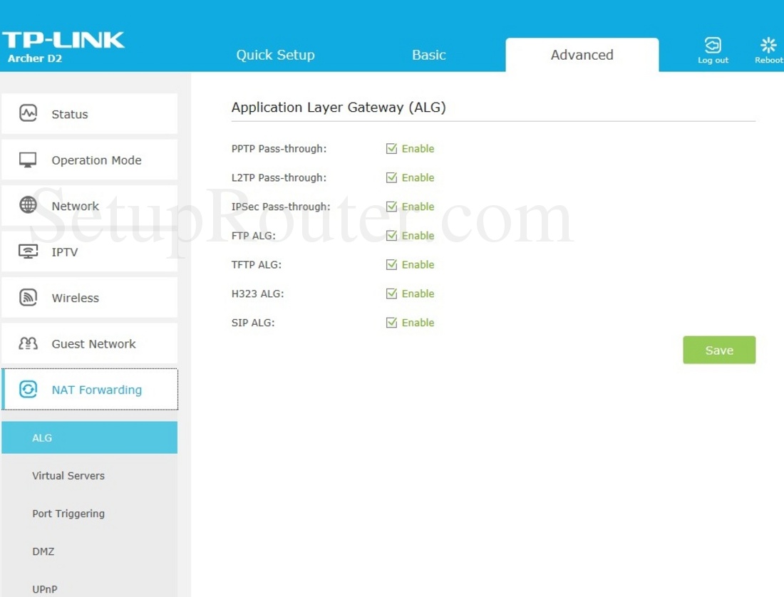 TPLink Archer D2 Screenshot ALG