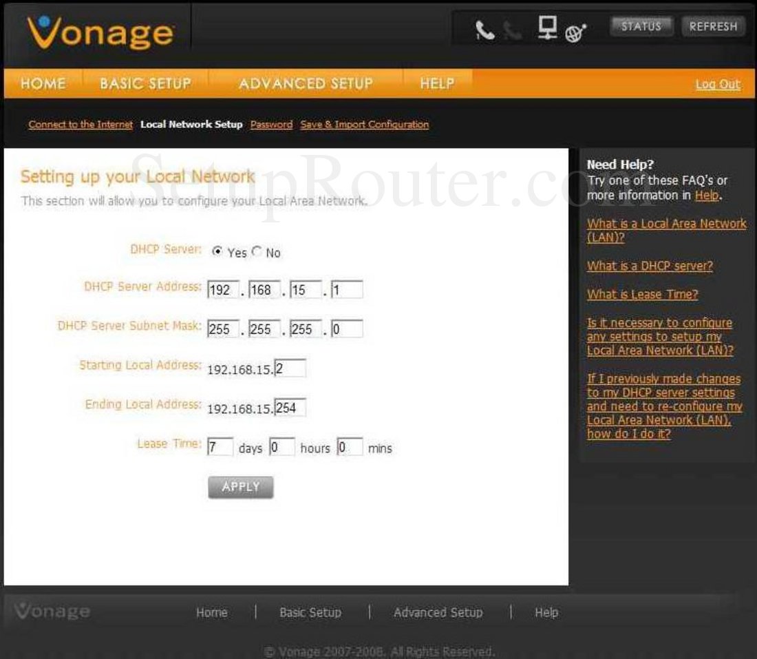 Vonage VDV21-VD Screenshot Setting up your Local Network