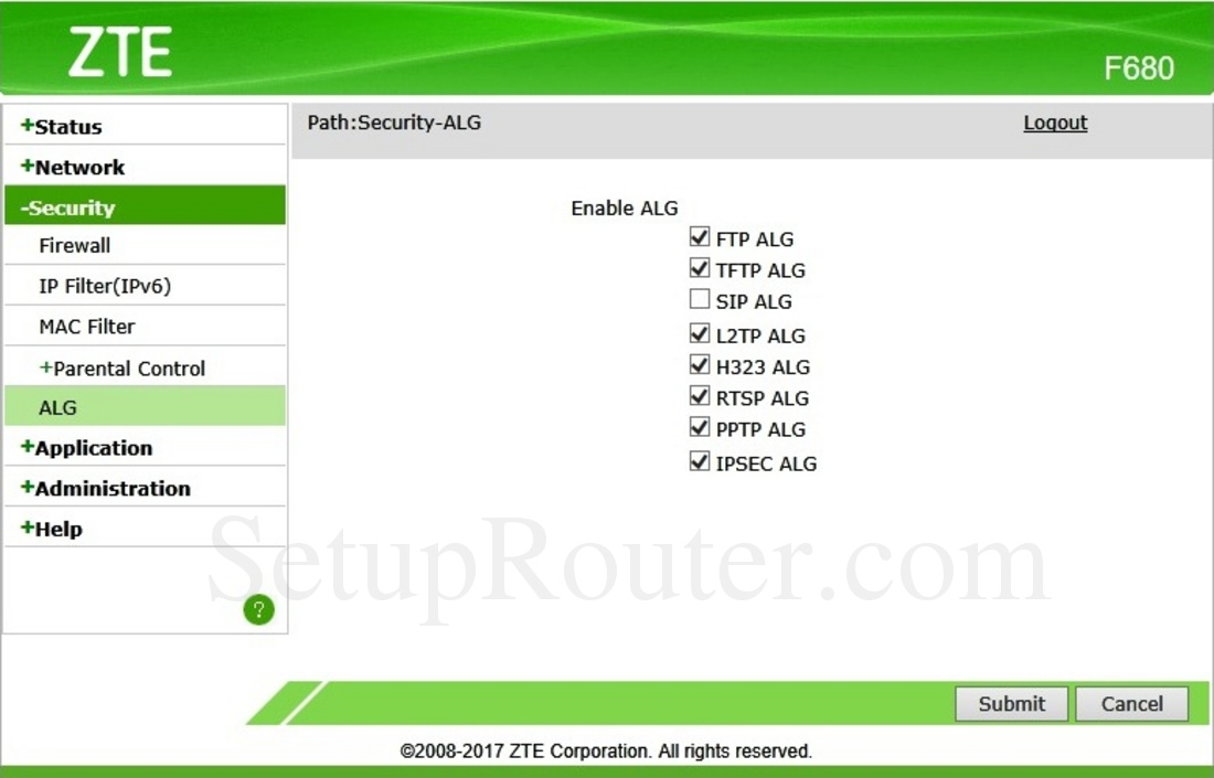 ZTE F680 Screenshot ALG